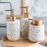 UMAI 3 Pcs Liquid Soap Dispenser Set | Stoneware | Bathroom Sanitizer, Lotion, Shampoo Dispenser | Ceramic Handwash Bottle for Kitchen | Soap Dispenser for Wash Basin | Bathroom Accessories | White